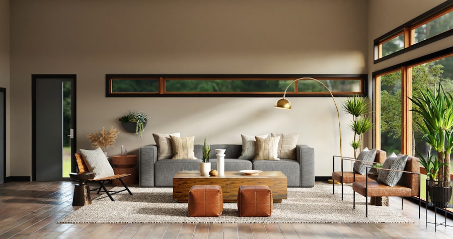 Modern dining room with wooden table and staircase