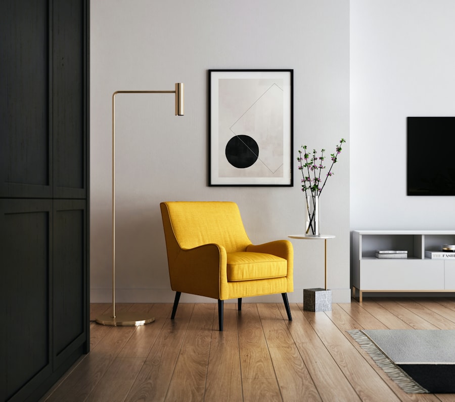 Bright home office with desk and sofa